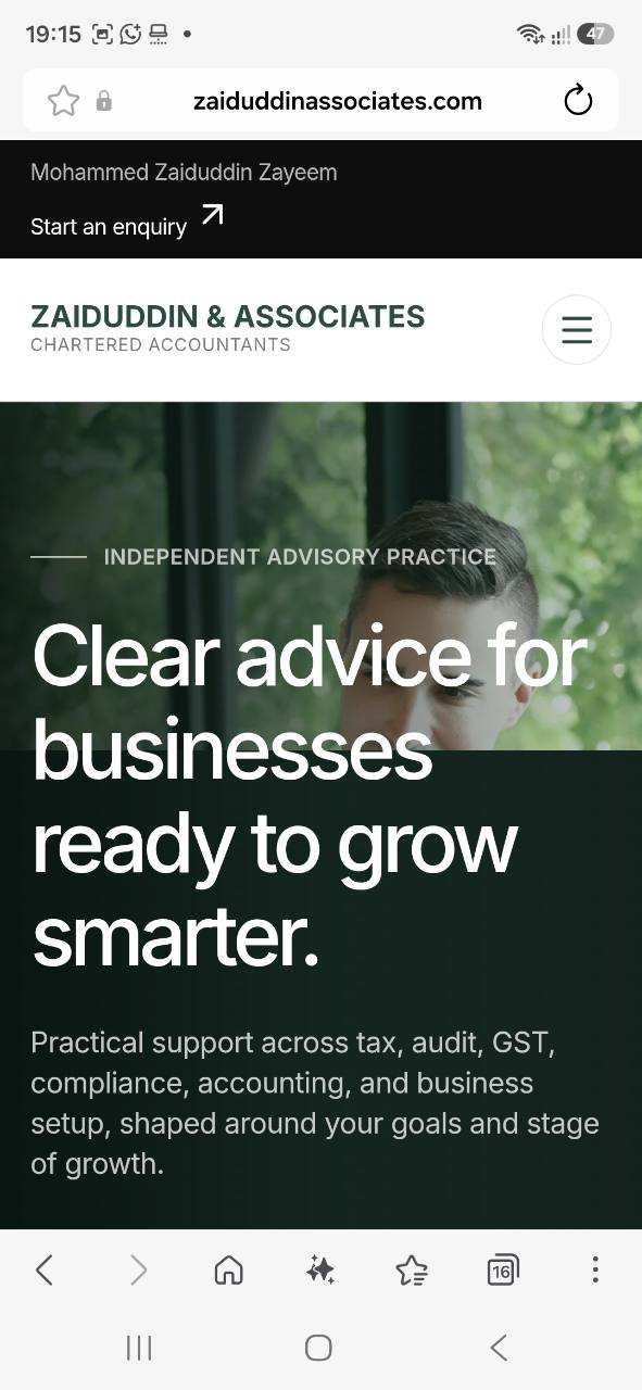 Zaiduddin & Associates Chartered Accountants website on mobile, with the headline “Clear advice for businesses ready to grow smarter.”