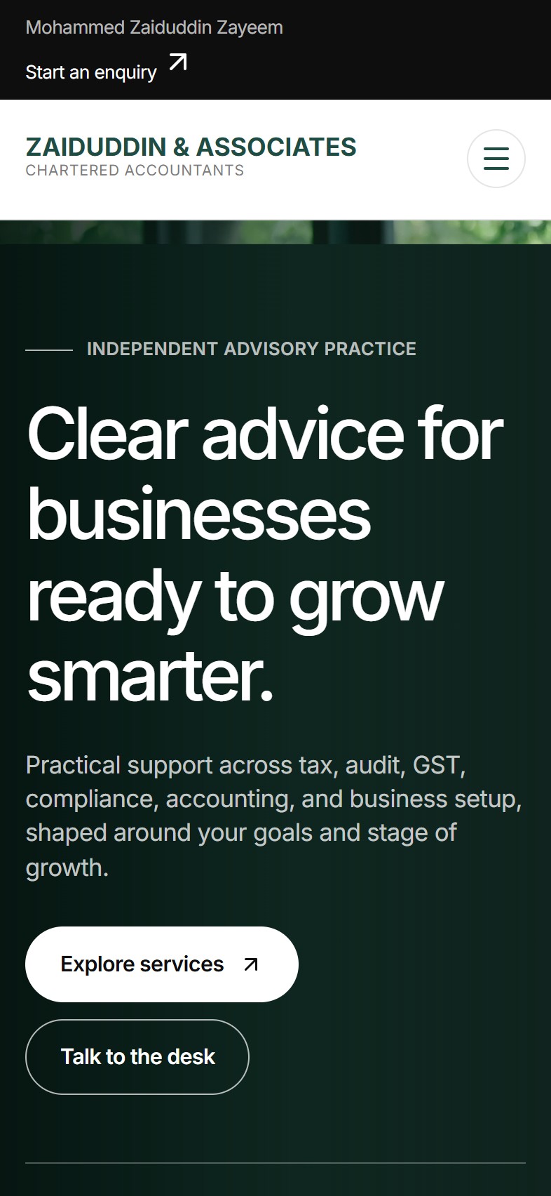 Current mobile homepage for Zaiduddin & Associates, headed Clear advice for businesses ready to grow smarter.
